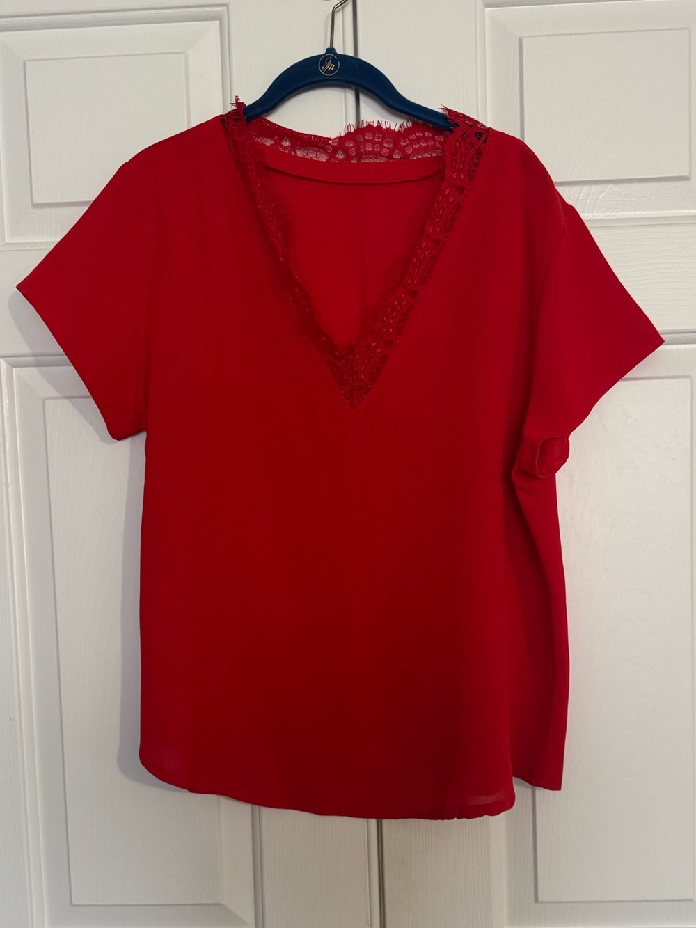 Red Lace-Trim V-Neck Women's Top